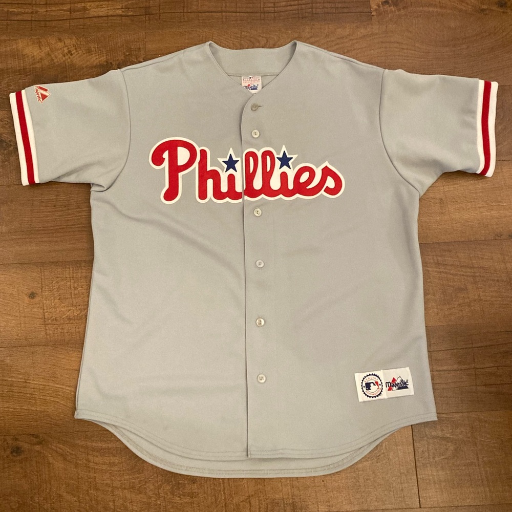 Phillies Jim Thome MLB Majestic Gray Road Jersey Stitched Men’s L Vintage
